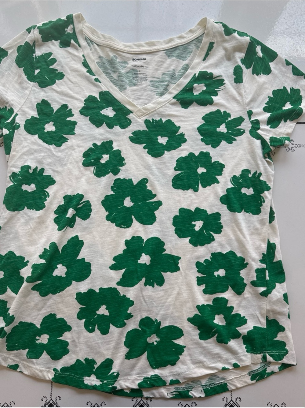 Sonoma White V-Neck Tee with Green Floral Print